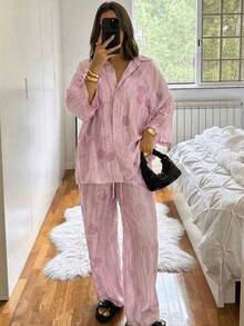 HZXVIC Bộ đồ nữ mùa xuân mới, kiểu dáng thường ngày, áo sơ mi cổ bẻ nhuộm tie-dye và quần cạp cao có dây rút. - Hồng - Xem 8
