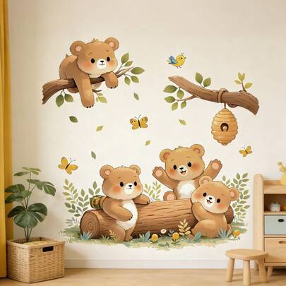 1set/2pcs Naughty Bear Forest Play Pattern Self-Adhesive Wall Stickers Sliding Door Children's Bedroom Decorative Decals