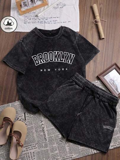 Es Trus Cotton 夏季女装趣味印花嘻哈“布鲁克林”个性化图案街头风，韩版舒适复古基础款时尚通勤百搭Y2K女装，适合户外休闲，常规小众朋克风黑色宽松圆领短袖水洗加大码T恤短裤两件套优雅