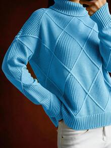 Women's Casual Plus Size Turtleneck Sweater, Autumn/Winter - Baby Blue - View 3