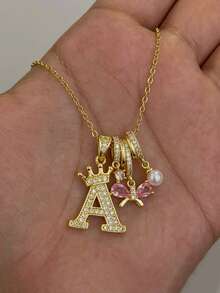 1pc Sweet Y2k Fashion Versatile Retro Chic Versatile Cubic Zirconia Crown Initial Letter A & Kawaii Pink Bow Pendant Gold Stainless Steel Necklace Jewelry Accessories Women's Personalized Summer Beach Party Decoration Exquisite Birthday Gift - Yellow Gold - View 1