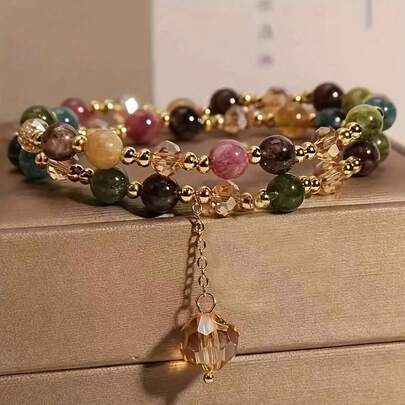 1pc Vintage Double-Layer Crystal & Pearl Beaded Bracelet (Random Bead Color), Everyday Wear For Women