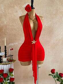 Party Dresses For Women Summer Outfits Red Dresses For Women Carnival Women Valentine Outfits For Women Ruffle Trim Backless Tie Neck Bodycon Mini Dress For Women - Đỏ - Xem 1