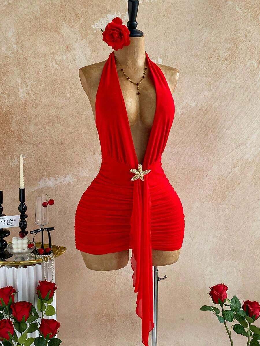 Party Dresses For Women Summer Outfits Red Dresses For Women Carnival Women Valentine Outfits For Women Ruffle Trim Backless Tie Neck Bodycon Mini Dress For Women - Đỏ - Xem 1