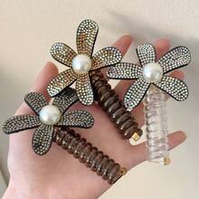 镶钻花朵扭结发圈，甜美珍珠花朵电话线发圈，珍珠女士花朵缠绕发绳，气质发圈发饰头饰 - 多色 - 查看 3