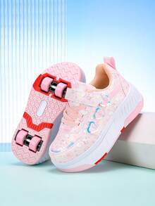 Girls' 4-Wheel Roller Skate Shoes, New Kids Roller Sports Shoes, 4-Season PU Leather Lightweight Durable Roller Skates, Fashionable Hook And Loop Adjustable Double Wheel Hidden Roller Shoes, Wheels Can Be Freely Detached, 2-In-1 Roller Skating & Sneakers, Roller Shoes For Teenagers - Multicolor - View 6