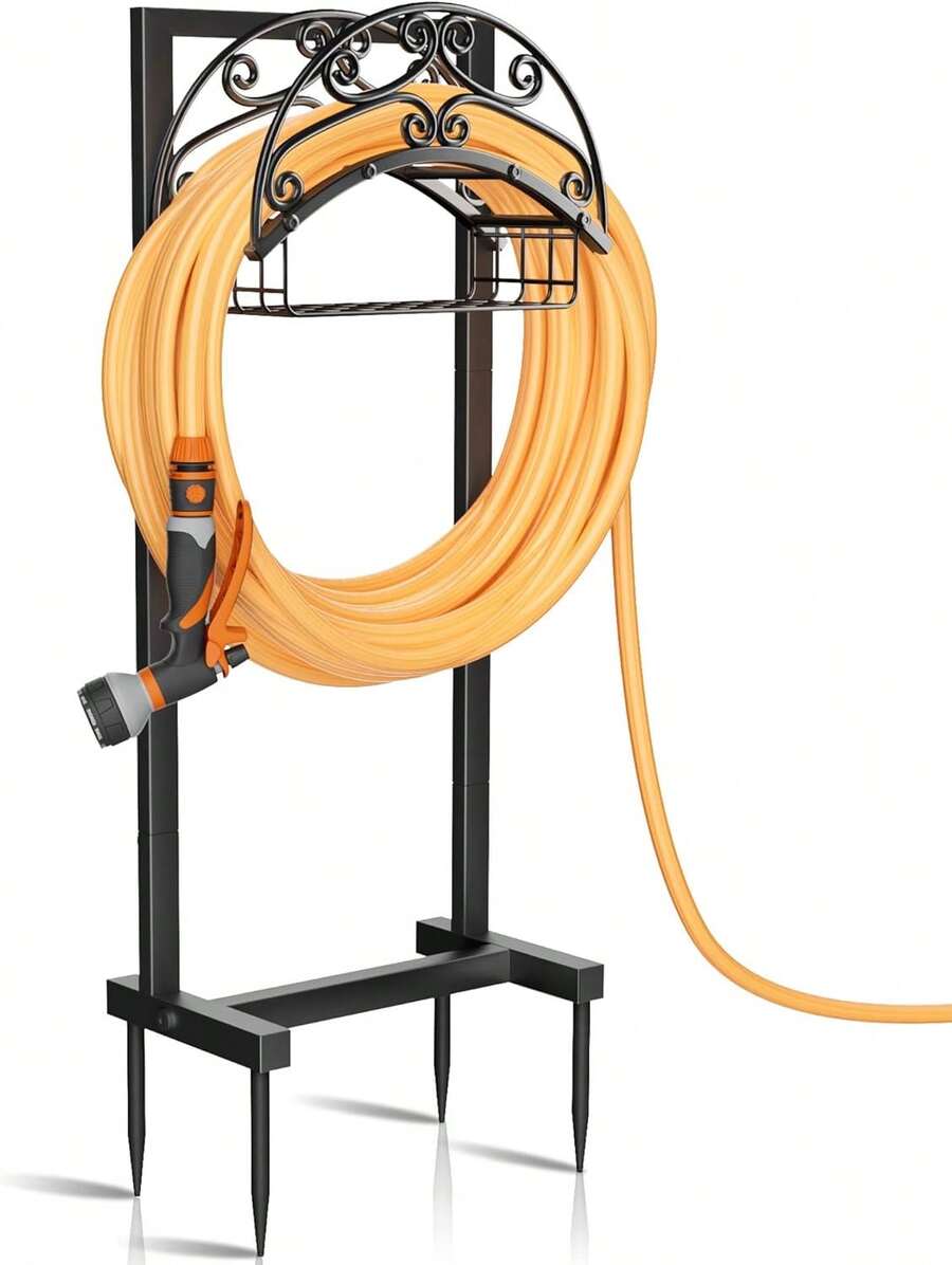 Garden Hose Holder - Upgraded Water Hose Holder Stand With Storage Basket Holds 151ft, Heavy Duty Freestanding Garden Hose Hanger Storage Rack For Outside Yard Lawn Farm - B-黑色 - 查看 1
