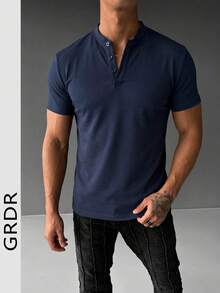 Áo sơ mi nam tay ngắn cổ Henley màu trơn cổ điển GRDR, món đồ thiết yếu cho phong cách công sở thường ngày, item không thể thiếu trong tủ đồ mùa hè. - Màu xanh hải quân - Xem 3