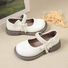 Girls' Pearl Bow Design Mary Jane Shoes, Suitable For Daily Wear, Birthday Party, School, All Seasons - Beige - View 4