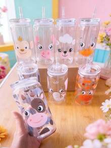 1 bình/cốc nước nhựa tái sử dụng 16oz có nắp và ống hút, họa tiết động vật dễ thương, thích hợp làm quà tặng hoặc cho các buổi họp mặt gia đình. - Nhiều màu - Xem 5