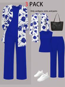 三件套加大码女装套装：简约印花外套、圆领无袖上衣和松紧腰直筒裤，适合秋冬季通勤穿着，优雅春季百搭。 - 藍色33 - 查看 2