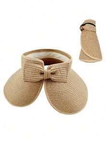 1pc Fashionable Foldable Women's Hat With Bow Tie, Hook And Loop, Ponytail Hole, Brimless Design, Suitable For Outdoor, Beach, Travel, Sun Protection, Panama Straw Hat - Round Straw Hat - View 7