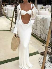 New Spring/Summer Knit Maxi Dress, Deep V Hollow-Out Design At Waist & Abdomen, Loose Relaxed Fit, Sexy & Mature Resort Style, Suitable For Beach, Seaside, Swimming Vacation - Beige - View 5