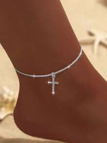 1pc Minimalist Cross Pendant Anklet With Shiny Zirconia Stone, Fashionable Versatile Accessory For Daily Wear And Vacation, Unisex - Silver - View 4
