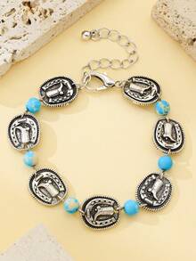 1 pieza Brazalete minimalista de aleación de turquesa con estilo vaquero occidental retro, unisex - Pulsera - Ver 4