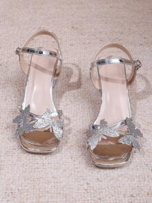 Sandalias de tacón cuadrado con mariposa brillante y tacón transparente para adolescentes - Plateado - Ver 10