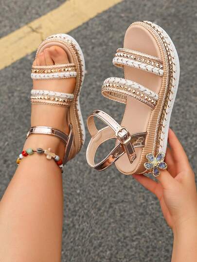 Sandalias de plataforma elegantes de talla grande para mujer, sandalias romanas con cuña de playa de tiras trenzadas, suela gruesa con decoración de remaches, estilo bohemio de punta abierta con correa elástica de tobillo, transpirables y cómodas, sandalias planas elegantes y casuales