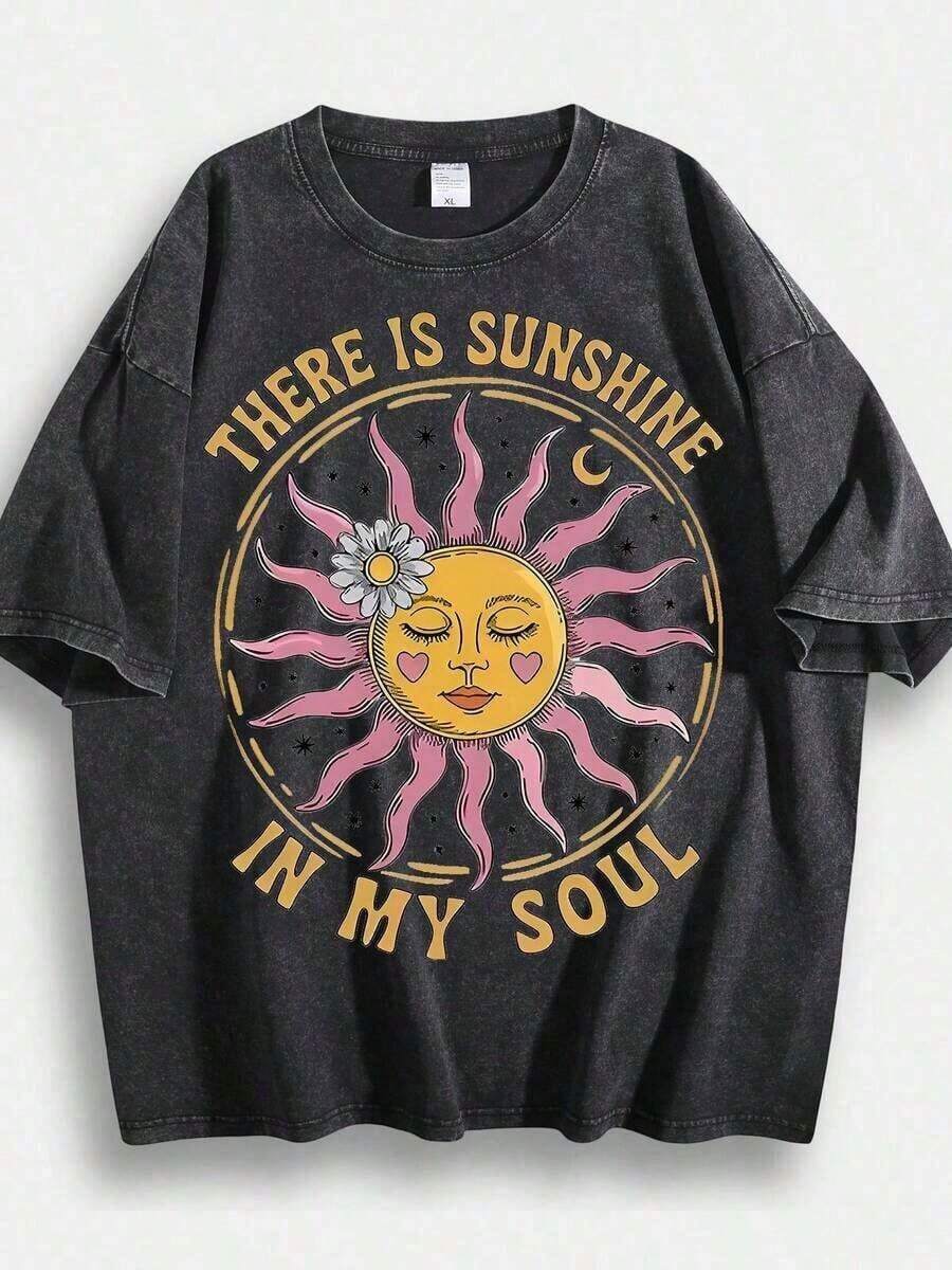 New Hot Selling2026 Summer Tops Retro Sun Face Skull Print, T-Shirt, SUBLIM Band Style Free Theme Loose Short Sleeved ShirtLoose And Comfortablesummer Clothes - 黑色 03 - 查看 1