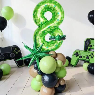 34pcs Pixel Style Birthday Balloon Set, Includes 40inch Number Balloons, 24inch Star Foil Balloons, Latex Balloons, Suitable For Gaming Theme Party, Birthday Party, Numbers 0-9, Cube Game, Birthday Column Balloons