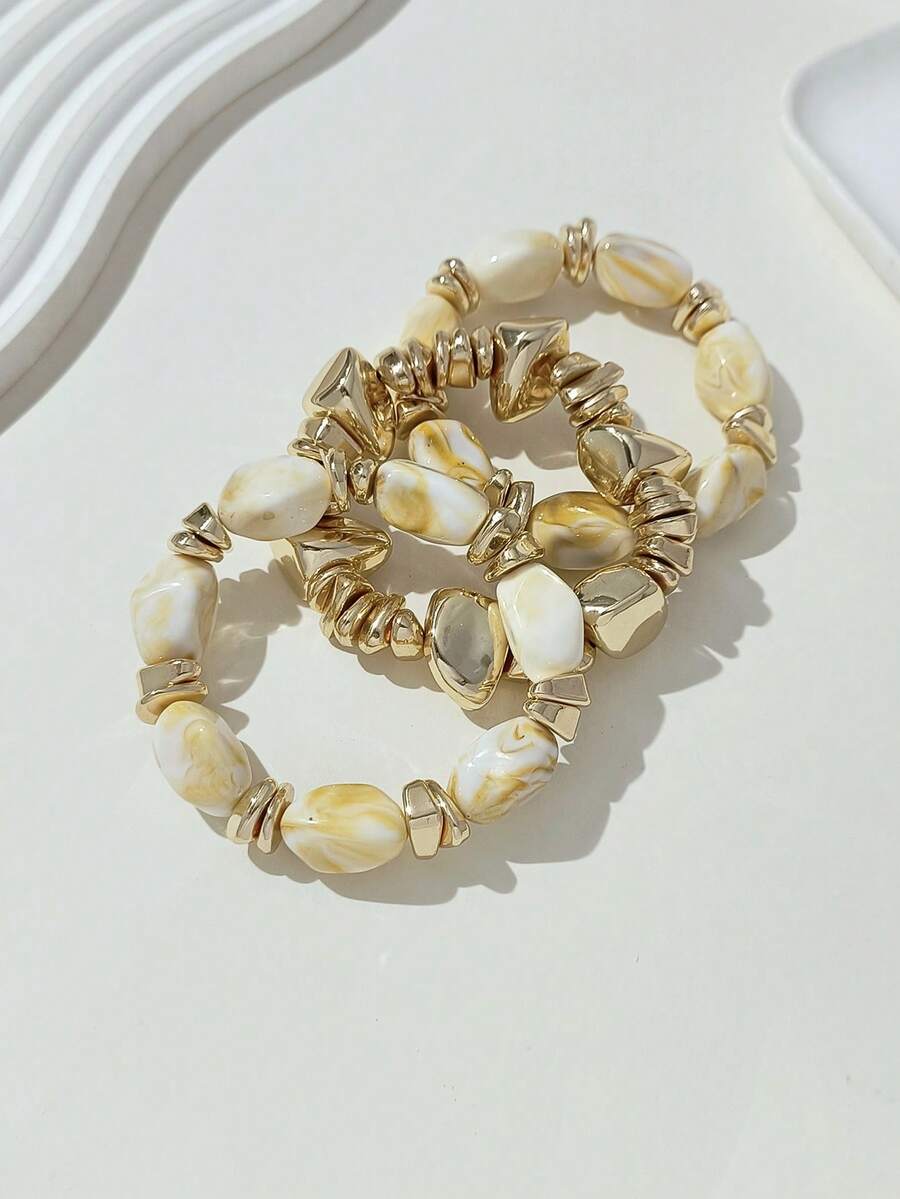 3pcs/Set Fashionable Vintage Bohemian Thick Multi-Layer Multicolor Acrylic Beaded Bracelet With Gold-Tone Crushed Stone Style Bracelet For Women (Material: Acrylic/ABS, Gold-Tone, Avoid Contact With Alkaline Water To Prevent Fading) Waterproof