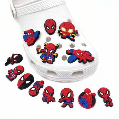12 piezas de Encantos de zapatos de la serie dibujos animados Spider-Man, Clips de zapatos DIY, Flores decorativas de zapatos de goma suave y linda de Spider-Man, Desmontables y aptos para zapatos con agujeros