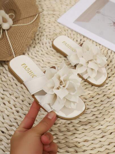 1 Pair Girls' 3D Floral One-Strap Sandals, Sweet Princess Style Non-Slip Soft Bottom Slippers, Children Summer Outdoor Beach Shoes