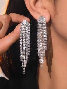 2件套长款镶满水钻流苏耳环，优雅显瘦设计 - 适合婚礼、晚宴、红毯活动等场合 - 銀色 - 查看 10