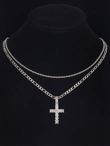 2pcs/Set Cross Necklace Pave-Zirconia Cross Pendant Stainless Steel Figaro Chain & Twisted Rope Chain Necklace For Boys Girls Sports, Birthday, Festival, Back To School, Graduation Gift For Daily Wear Jewelry Accessory - Multicolor - View 6