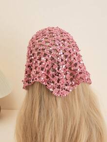 1 pieza Sombrero de mujer de ganchillo con lentejuelas huecas en forma triangular, adecuado para uso diario en primavera, verano y otoño - A - Ver 8