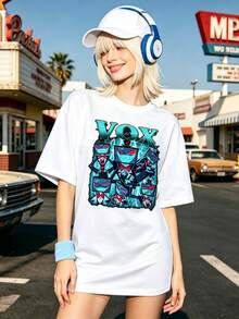 Women's Summer Casual Soft Round Neck Short Sleeve T-Shirt,Tops For Going Out,Cotton,Vintage,European And Street Style,Sporty Casual,Unisex Style,Urban Casual Style,Nice Tops,Gen Z,Curve,Y2K Clothes,Funny T-Shirts, Ladies Tops,Holiday Outfits For Women,Cute Top,Graphic T-Shirt,Spring Outfits, Baggy T-Shirts,Retro Streetwear,90s Style,2000s Style,Subculture, Top, Tops,90s Party Outfit. - White - View 3