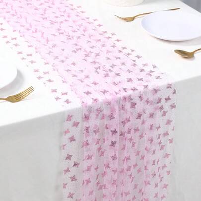 1件玫瑰金蝴蝶波点桌旗，纱布涤纶桌布，75*180厘米桌布，DIY手工，蝴蝶主题派对用品，性别揭晓派对装饰，婚礼装饰，一周岁生日装饰，迎婴派对用品，节日派对用品，家居装饰，房间装饰，餐桌装饰，桌面装饰