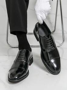 Men's Pointed Toe Double-Buckle Oxfords, Retro British Style Formal Dress Shoes With Red Soles, Glossy Leather Casual Loafers Suitable For Office, Banquet, Formal Occasions, Wedding With Suit - Black - View 9