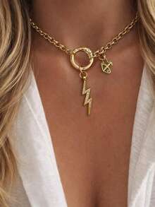 1pc Women's 12 Zodiac Constellation Pendant Necklace, Featuring Smooth Gold-Tone Ring And Lightning Shaped Diamond Pendant Design, Highlighting Personalized, Suitable For Daily Wear And An Excellent Gift - Gold - View 8