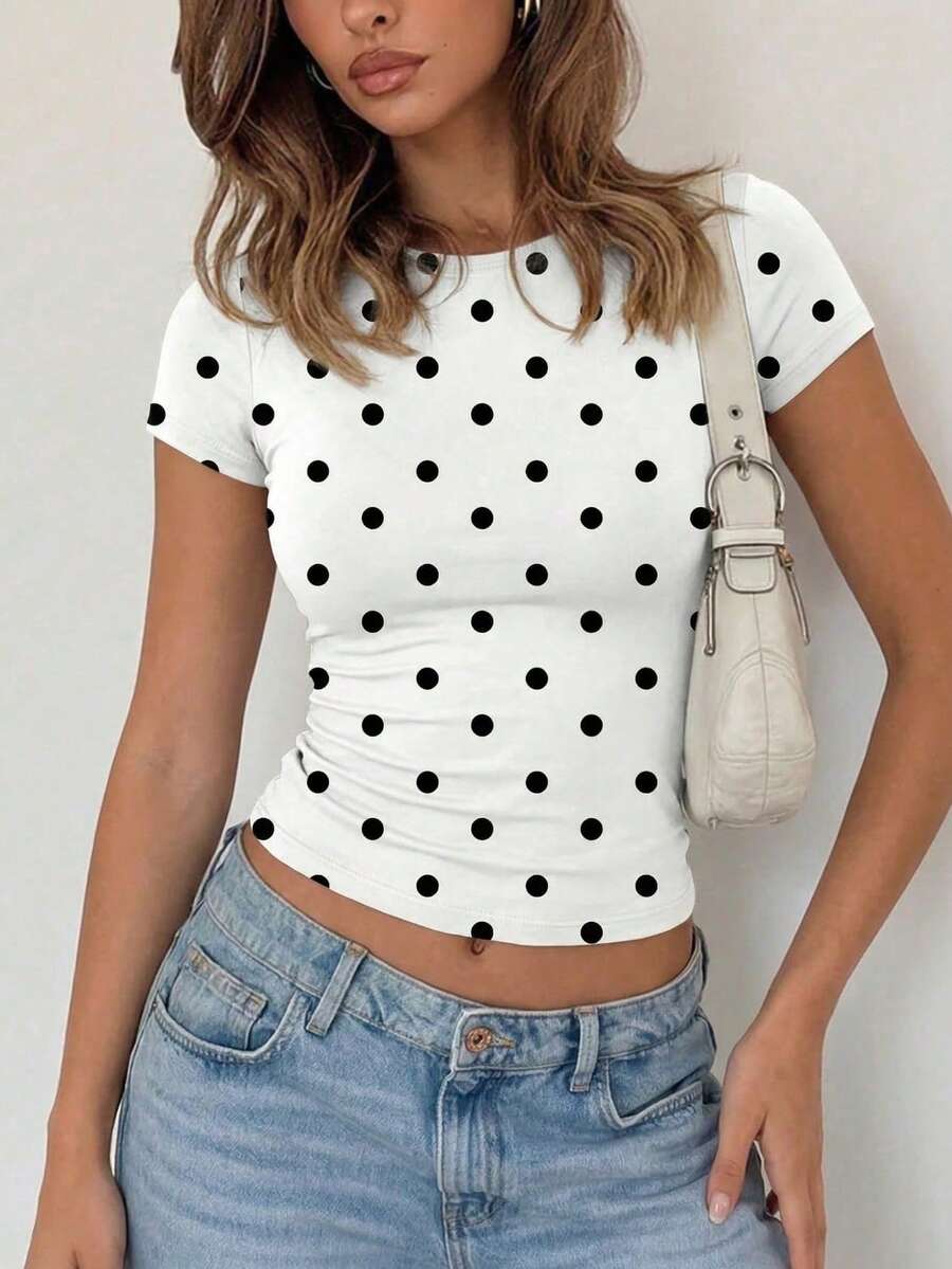 Mystra Women's Solid Color Round Neck Short Sleeve Pleated Casual T-Shirt, Summer - Black and White - View 1