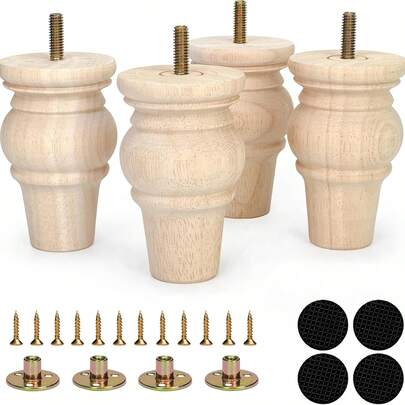 Chân bàn ghế bằng gỗ 4 inch, bộ 4 chân thay thế bằng gỗ nguyên khối chưa hoàn thiện, hình tròn, dùng cho ghế dài, ghế bành, ghế sofa, tủ quần áo, bàn làm việc, bàn, tủ, giường, kệ sách (4 inch)