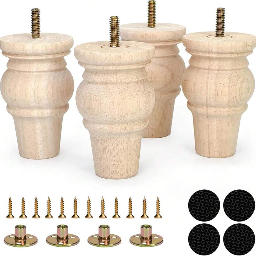 4英寸木制家具腿，一套4个替换实木未涂漆圆形家具脚，适用于沙发、椅子、梳妆台、桌子、橱柜、床、书柜（4英寸）