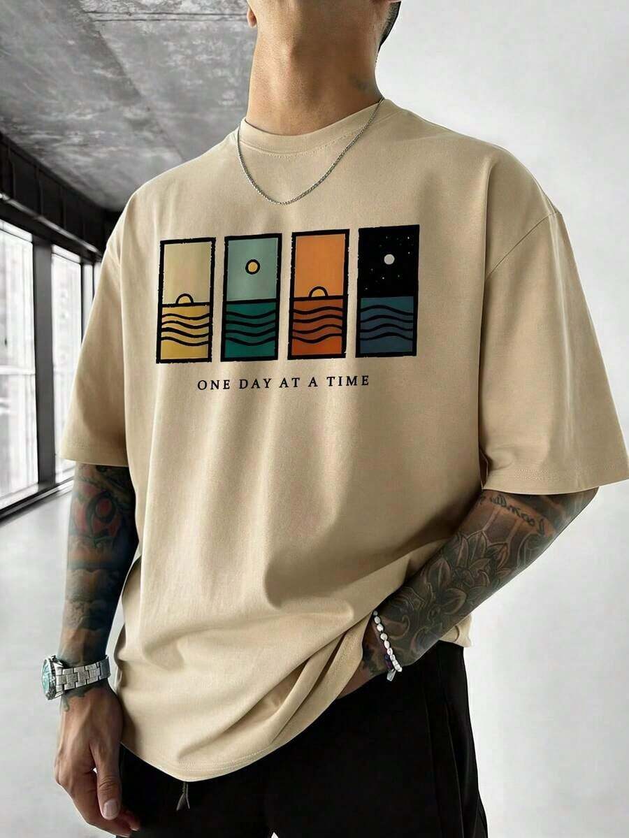 1pscCamiseta de manga corta minimalista estampada para hombres, cómoda y transpirable, adecuada para el verano, de moda líder100%cotton - Albaricoque 4 - Ver 1