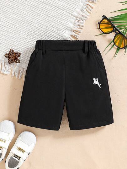 Boys' Casual Classic Solid Color Embroidered Shorts With Pockets, Suitable For Summer Daily Wear