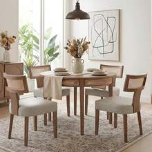 HNY Mid Modern Dining Chairs Set Of 4, Farmhouse Linen Fabric Upholstered Accent Curved Backrest Kitchen Chairs, With Hardwood Frame, Beige - 灰色藤條 - 查看 10