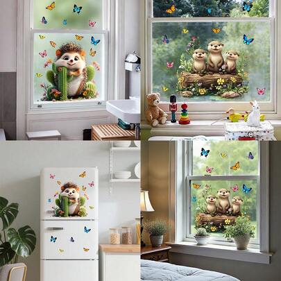1/2 Stück süße Cartoon Igel und Otter Fensteraufkleber, wiederverwendbar durch elektrostatische Haftung, geeignet für Restaurants, Geschäfte, Schlafzimmer und Sommer Heimdekoration.