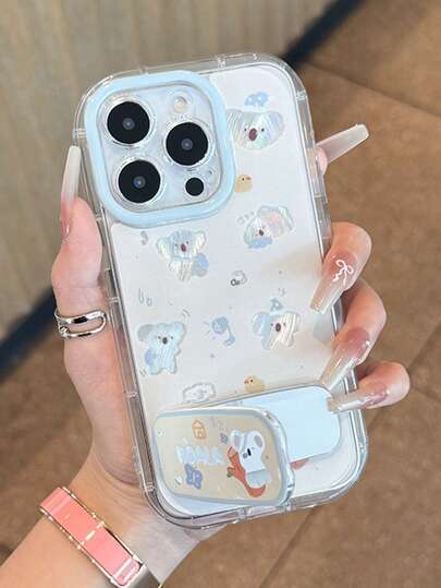 1个可爱卡通考拉镂空印花手机壳，带可折叠支架，透明防摔保护套，带镜头保护，适用于 17、16、15、14、13、12、11 Pro Max Plus，全包防震保护壳