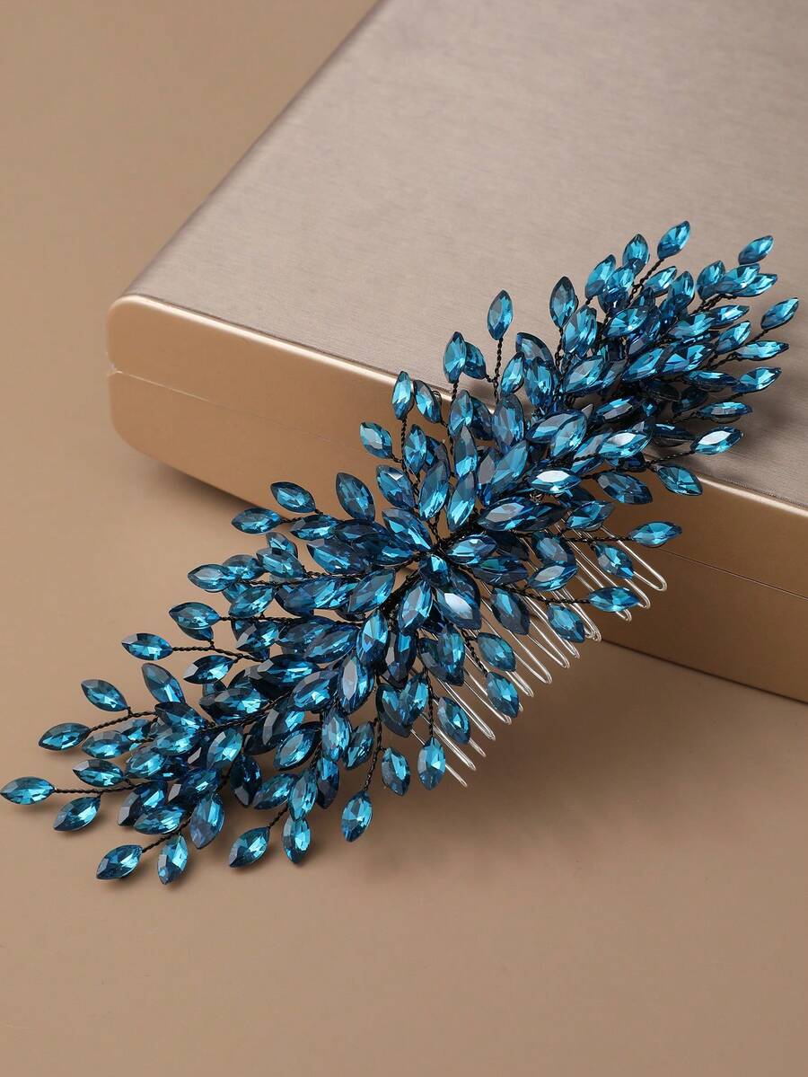 1pc Blue Crystal Leaf Hair Comb, Elegant Bridal Headpiece For Wedding, Prom, Party, Luxury Rhinestone Hair Accessory For Women,Summer,Beach - Blue - View 1