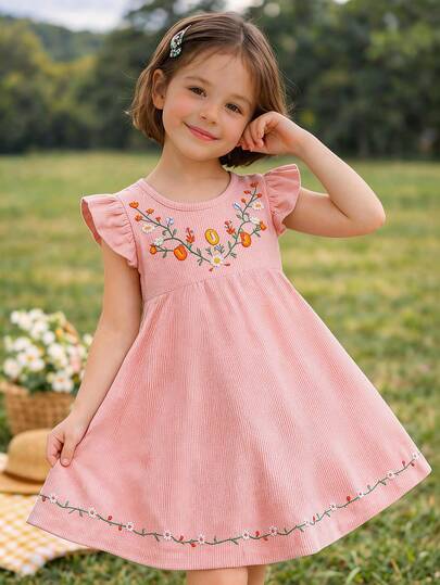 Girls' Navy Jacquard Embroidered Dress, Floral Embroidery Cap Sleeve A-Line Dress, Sweet Retro Style, Suitable For Daily Wear, School, Outing