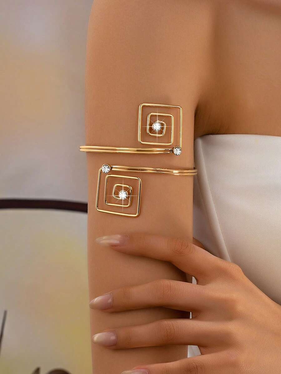 1 pieza Brazalete geométrico de metal para el brazo superior - Brazalete cuadrado para mujeres - Dorado - Ver 1