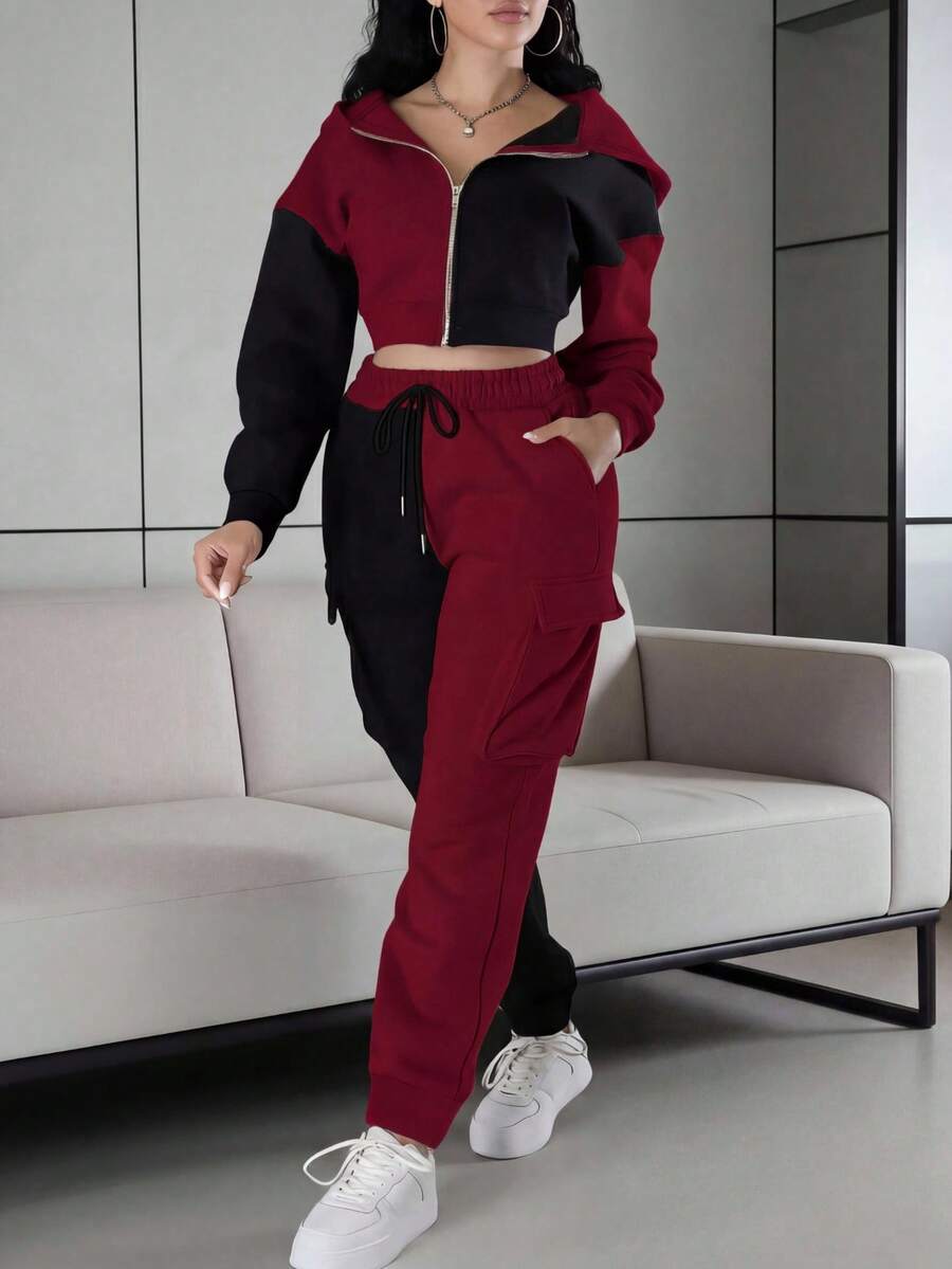 2pcs Women Sports Style Set: Fashionable Color Blocking Short Hooded Jacket + Cargo Sweatpants, Thick Thermal Lined For Autumn/Winter Casual - Multicolor - View 1