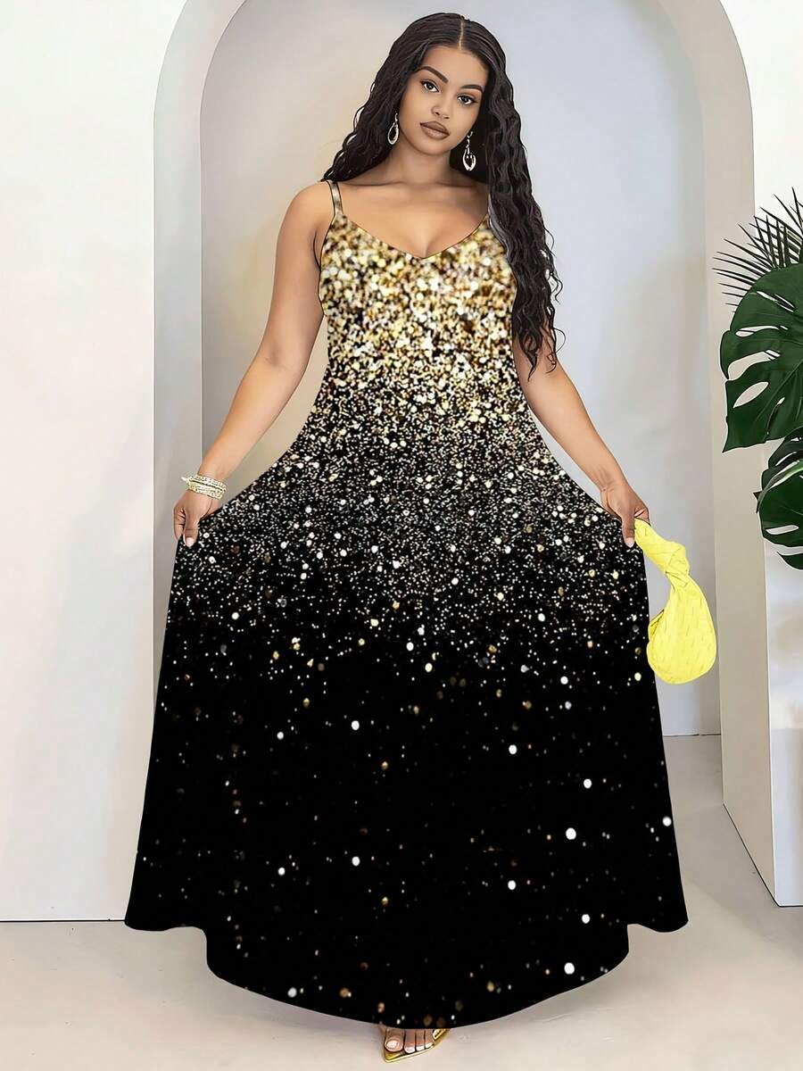 Women Sparkle Ombre Maxi Dress With Thin Straps For Party Evening Wear Celestial Print Long Gown Formal Occasion Dress - 彩色 - 查看 1