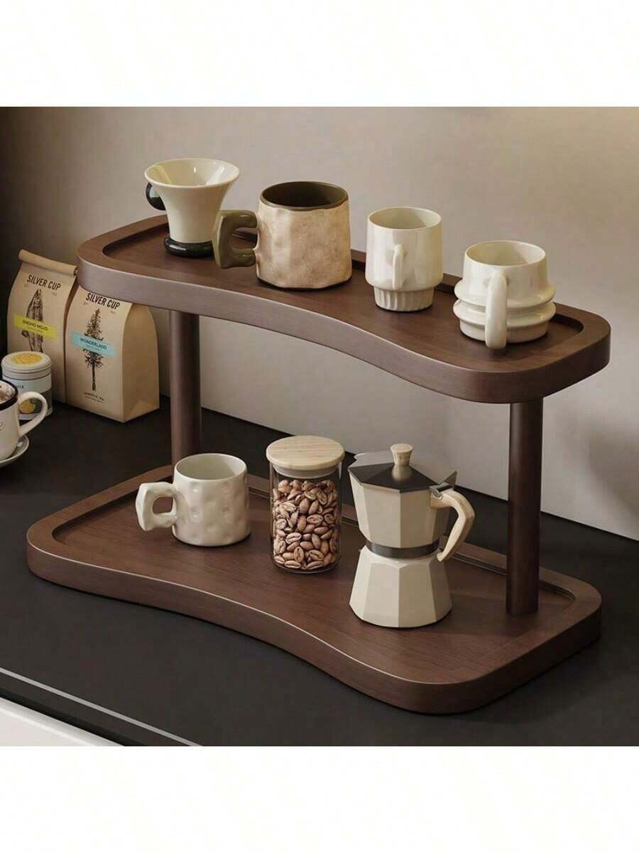 2 Tier Walnut Countertop Organizer, Elegant Storage Shelf For Cosmetics, Fragrances And Skincare, Perfect For Bathrooms, Kitchens And Desks With Separate Enclosed Storage Shelves - View 1