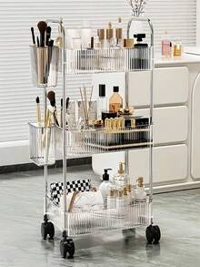 4-Tier Multipurpose Transparent Storage Cart, Made Of Thick And Durable Plastic Material, With 360° Rotating Acrylic Storage Cart, Dual-Metal Handle Acrylic Material Minimalist And Durable, 360° Rotating Alloy Frame + Silent Lockable Wheels Design, Portable Large Capacity Storage Cart, Modern Minimalist Design, Suitable For Bathroom, Kitchen, Living Room And Bedroom, Cosmetics And Toiletries Storage Cart - Clear - View 2