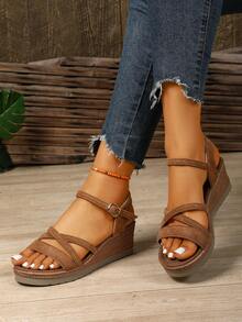 Summer New Wedge Sandals, Thick Sole Non-Slip Plus Size Women One-Strap Buckle Sandals,Beach Shoes - Brown - View 7