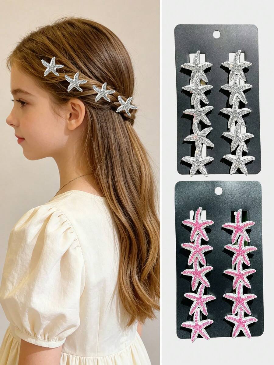 10Pcs Rhinestone Starfish Hair Clips For Teen Girls, Y2K Beach Style Side Hair Pins, Cute Glitter Hair Accessories For Bangs - Multicolor - View 1